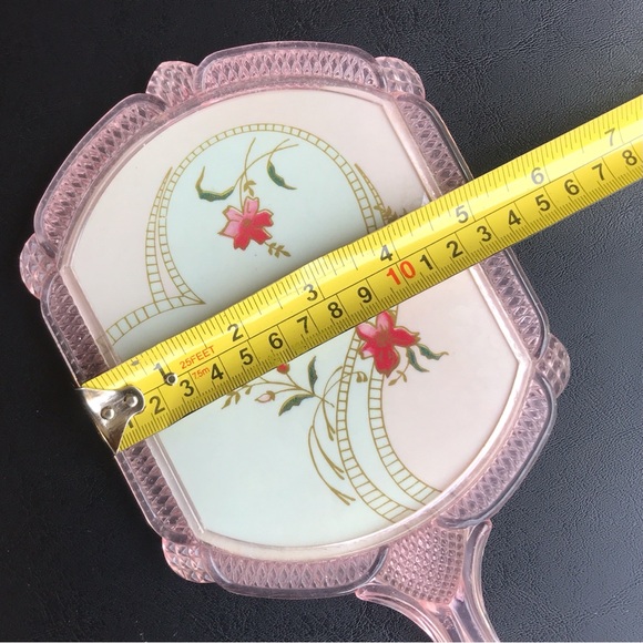 Vintage Celluloid Floral Mirror Vanity Handled Dainty Pretty Flower Mirror Pink - Picture 12 of 13